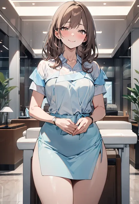 top quality, masterpiece,  high res, 8k,  anatomically correct human body, 1 girl, Alone, mature woman, ( with expressive dark brown hangings), ((( bright brown hair ))), (((Receptionist))), standing, (((cowboy shot))), (Receptionistの水色のユニフォーム), (((Light b...