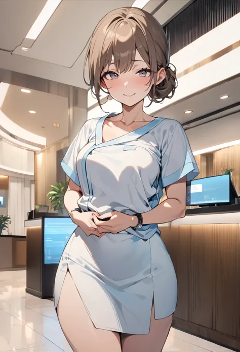 top quality, masterpiece,  high res, 8k,  anatomically correct human body, 1 girl, Alone, mature woman, ( with expressive dark brown hangings), ((( bright brown hair ))), (((Receptionist))), standing, (((cowboy shot))), (Receptionistの水色のユニフォーム), (((Light b...