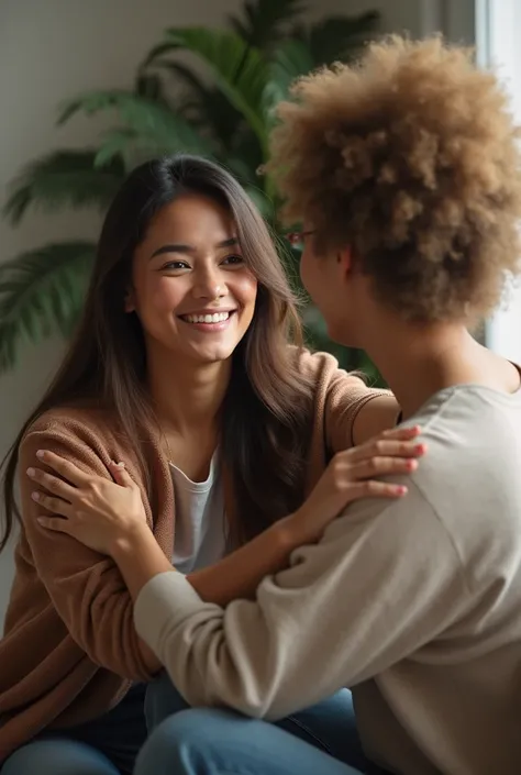 The counselor greets the client with a warm smile and a loving hug.