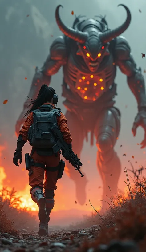 A 17-year-old cyberpunk female soldier is running in a cyberpunk combat uniform and about to fire a high-tech rifle in front of her. A large demon with glowing cyberpunk equipment, a lava surface, and luminous organs. The beast is running away from the sol...