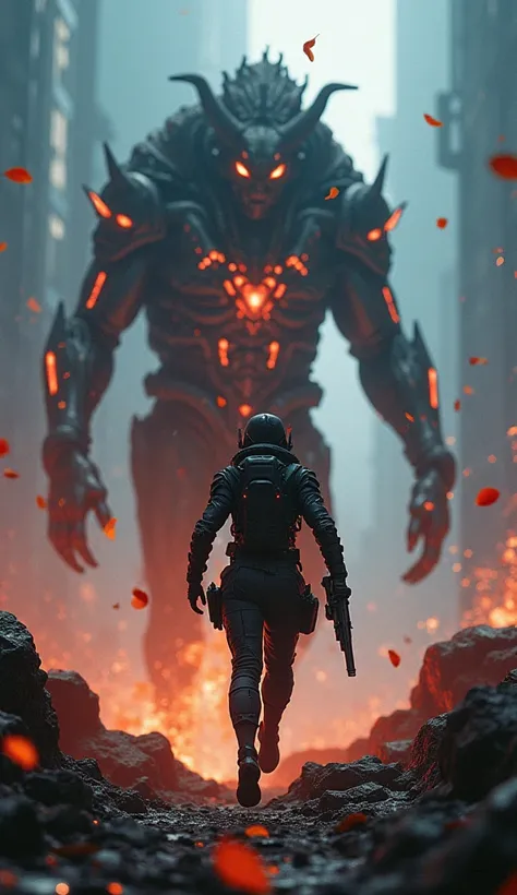 A 17-year-old cyberpunk female soldier is running in a cyberpunk combat uniform and about to fire a high-tech rifle in front of her. A large demon with glowing cyberpunk equipment, a lava surface, and luminous organs. The beast is running away from the sol...