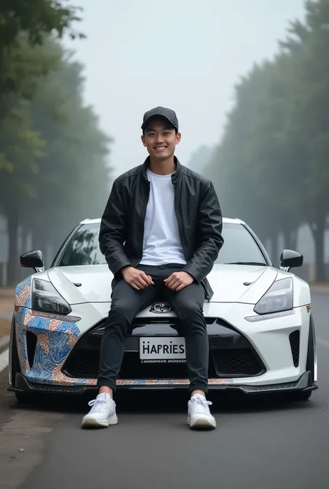  A handsome Asian man smiling sweetly .. short hair, 20 years old,  by casually sitting on the hood of a modified and sleek white Audy R7 sports car,  license plate  "HARRIES",  with a blue and brown batik motif sticker effect ,  featuring a special front ...