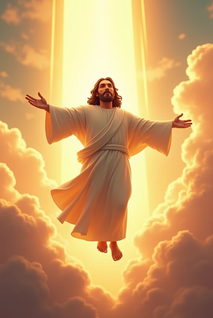 in cinematic 3d cartoon style"Jesus ascending to heaven in a radiant sky"