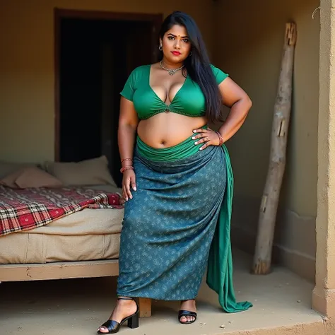 Indian extreme plus size BBW chubby fat busty dark skinned wide woman with dusty face with large breast and large fat curvey figure and wide shoulder and long hair 
 and wearing green deep neck tight fitting blouse with displaying cleavage and display nave...