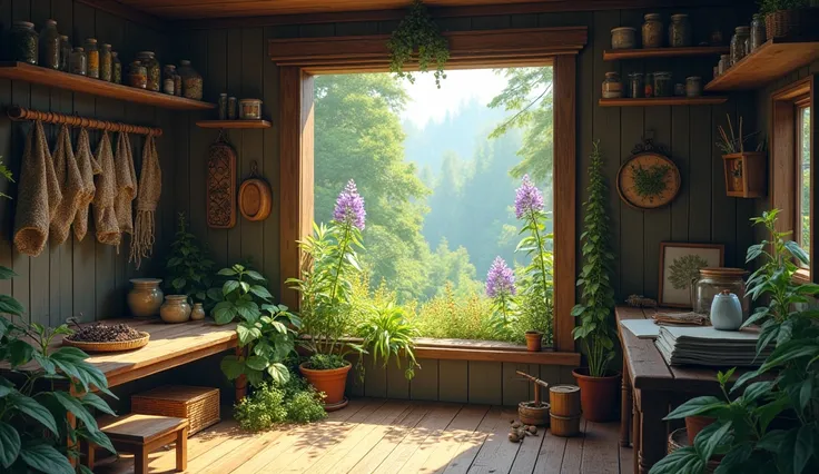  Inside a cabin through the square window you can see a landscape with medicinal plants