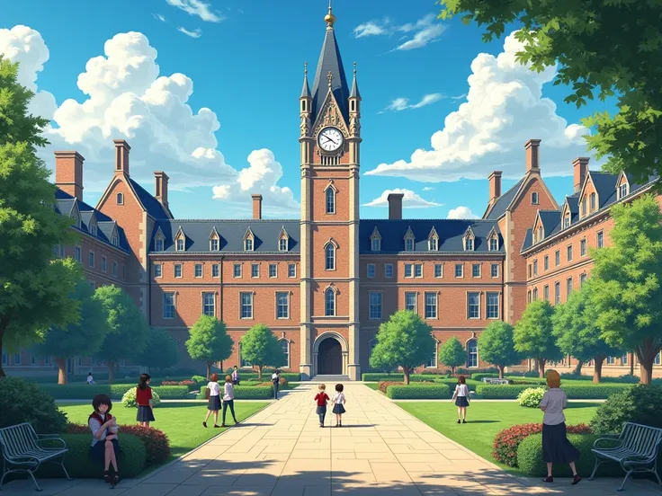 Anime style, school in london, just background, School area. Inside the school