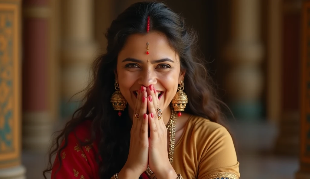 woman laughing and during laugh covering her mouth with her hands like she is hiding her laugh inside mahal, then looking with anger and saying with slow motion. cinematic scene from Mahabharat.