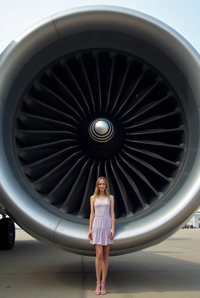 The scene captures the immense scale of a massive airplane engine, prominently featuring the spiral design at the center of its fan blades—a hallmark of modern jet engines. This spiral, often painted in contrasting colors like black and white, draws the vi...