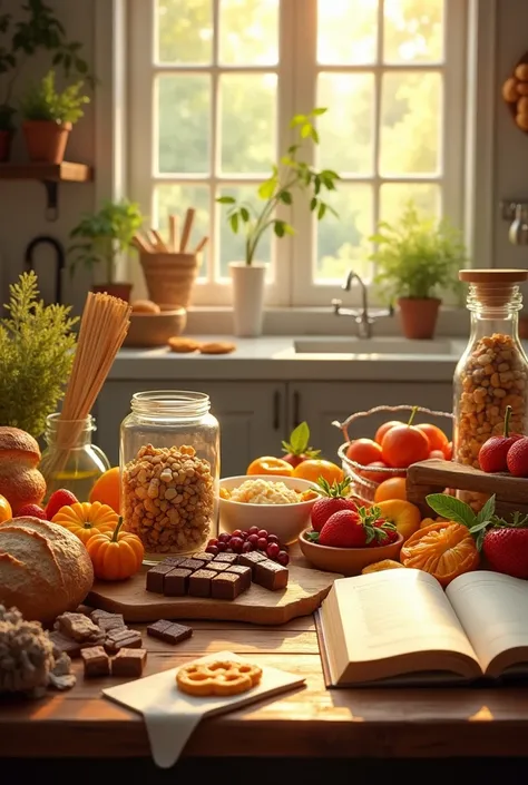  Generate an image of a kitchen with shades of ,  sunlight entering a table with a variety of foods cake , chocolate, salty,  fruits breads vegetables ,  kitchen utensils and an open recipe book and a transparent glass jar filled with money from coins and ...