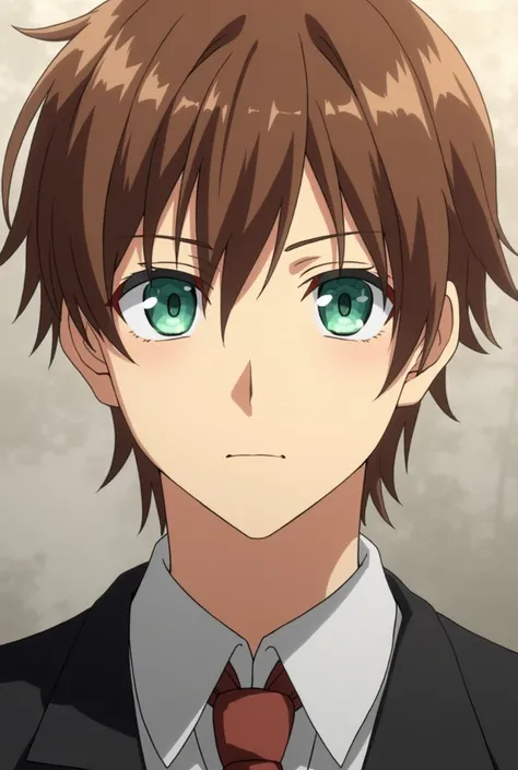 Issei Hyudou with jade-colored eyes and brown hair 