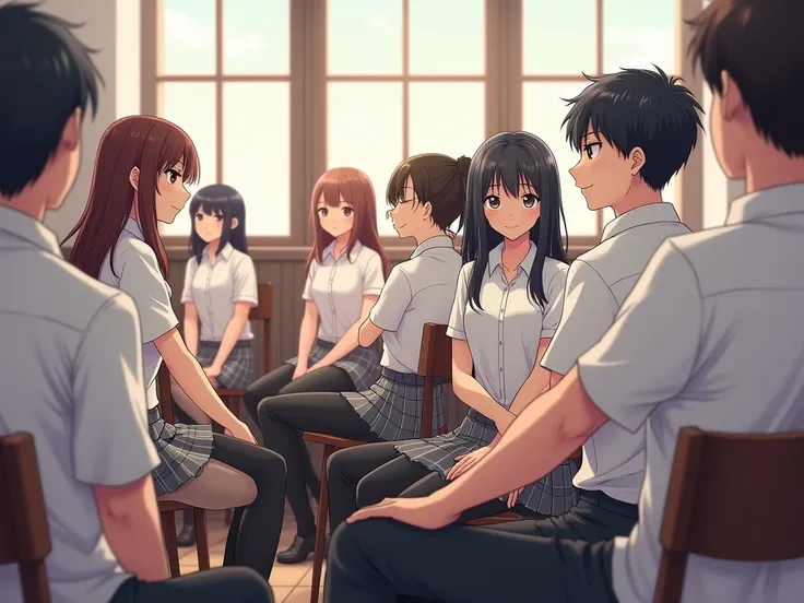 Anime style, school in london, Elite School, class background. Students in short white shirt uniforms, (short gray plaid skirts for girls) (long black pants for boys) students sitting in class, relaxing 