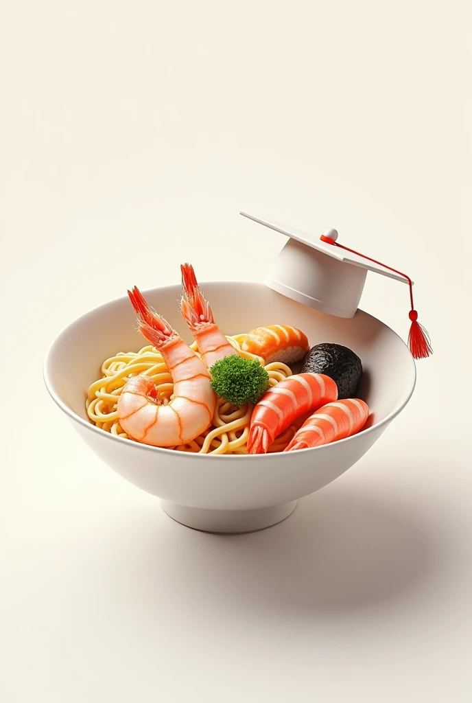 A white bowl and put some noodles in it and on the of of the noodles will be come prawns, shrimps,white and pink sushi. And put a graduation cal in the white colour. And make it in digital art!