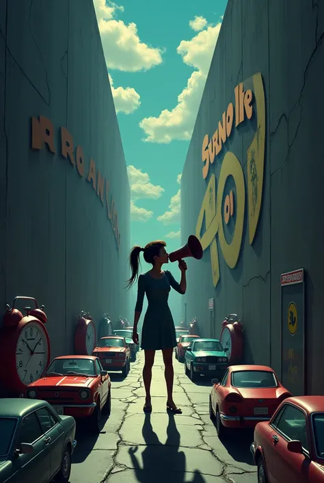  A stylized human figure is trapped Inside of a labyrinth made of everyday objects such as giant alarm clocks ,  supermarket cars blocking narrow roads and  "error 404". The sky above her is dark ,  signs but it has bright spots where small mocking faces f...