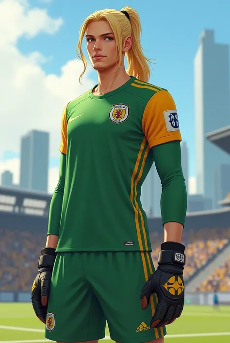 A goalkeeper in the City team is tall and has a hair tie, his hair color and his chin is blonde