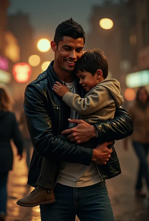 Cristiano Ronaldo holds the rescued  in his arms, cradling them gently as they sob with relief. The s parents rush towards them, overjoyed to be reunited with their . Ronaldos facial expression is warm and relieved, with a sense of satisfaction and fulfill...