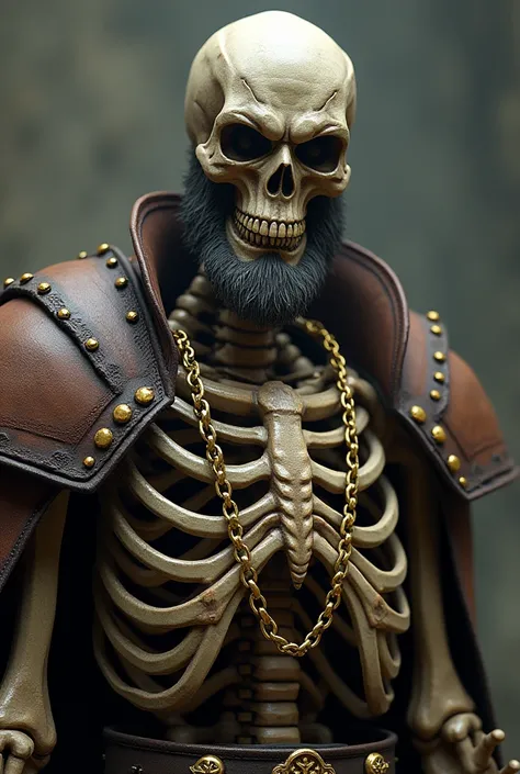 Create a skeleton with a slightly angry facial expression and beard leather armor and gold chains and gold rings and that is bald and without a beard