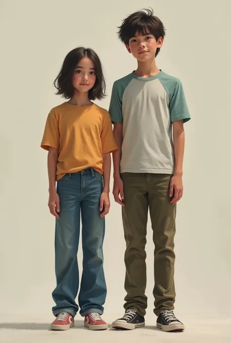  create the image of a 17-year-old teenager with the height of 1,53, Next to a 19-year-old teenager with 1 ,75