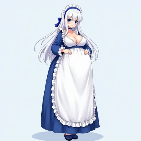 anime girl, blue eyes, big large breasts, anime style, high resolution, white hair, blue and white long dress, dress anime, blue tights, blue girls moccasins, blue maid, standing tall,exposed bare breasts, big hyper large breasts,smile,big hips,big pregnan...