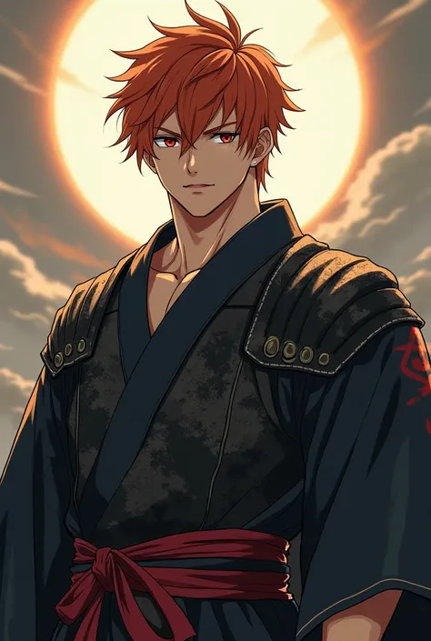 Quite muscular, short messy ginger hair, 21 year old, Japanese, attractive, anime, mappa art style, warrior, pretty guy, tall, black haori, iron chestplate