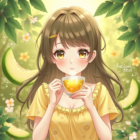 sexy anime girl drink honey dew tea, add text "melon tea" in that picture. add more honey dew ornamen.  dominan green & yellow in picture 