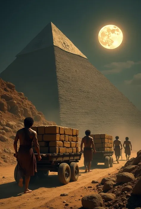  How to build pyramids and vehicles that transport stones pulled by men . On a warm night, the moon illuminates the incomplete pyramid  