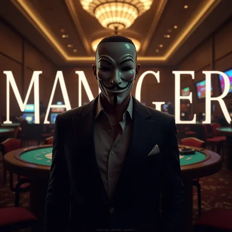  in the background. I would like to see a person wearing an anonymous mask and a beautiful caption in the photo "PR manager ",  and there should be a casino 