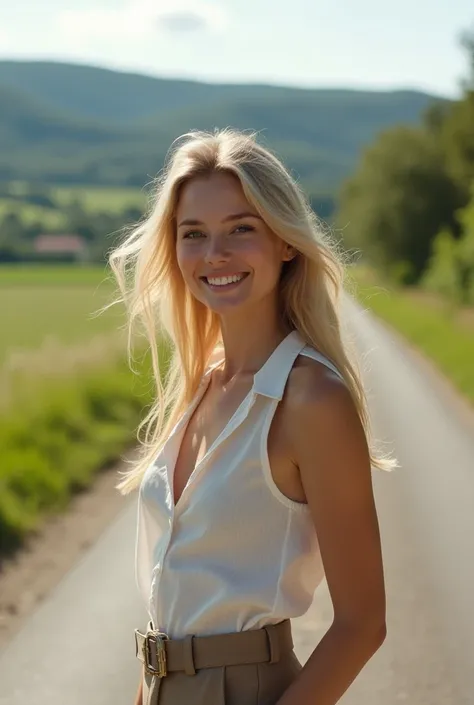 A walking beautful white british women on road posing to selfie