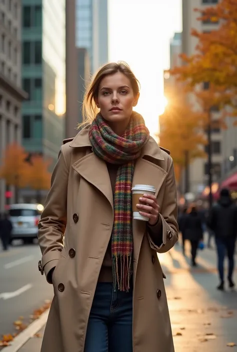 A photorealistic depiction of a stylish person standing on a bustling city street, wearing a beige trench coat and a plaid scarf. The scarf is wrapped neatly around the neck, fluttering slightly in the wind. The scene is set during autumn, with golden leav...