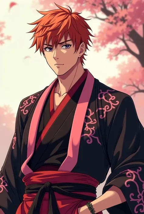 Moderately muscular, short short messy ginger hair, 21 year old, Japanese, attractive, anime, mappa art style, warrior, pretty guy, tall, open black red and pink haori, lean