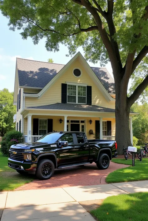 A classic American suburban house with a welcoming front facade painted in soft beige with white trim. The house features a traditional gabled roof with gray shingles, a covered porch with white railings, and a red brick pathway leading to the front door. ...