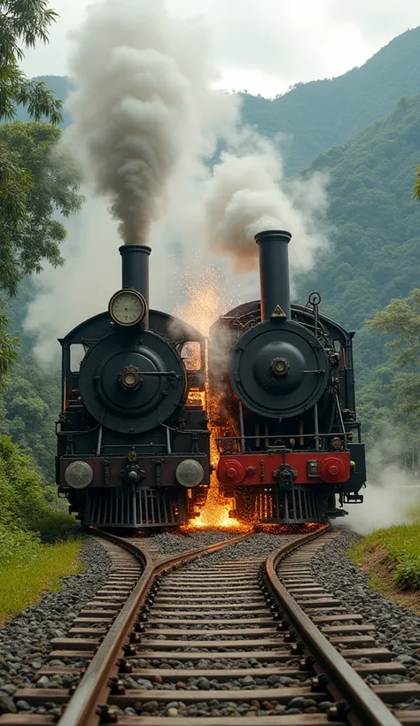 Two vintage Indonesian trains colliding on a single railway track, with sparks flying and metal crumpling in a moment of catastrophic impact.