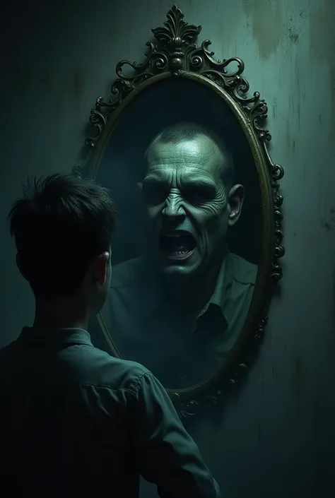 A males face struck on the mirror spooky horror image in dark 