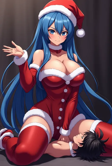 anime character esdeath, dressed as a sexy santa, looking at the camera, while she has a man chokedvher between her thighs, holding his neck with her legs, headsissors