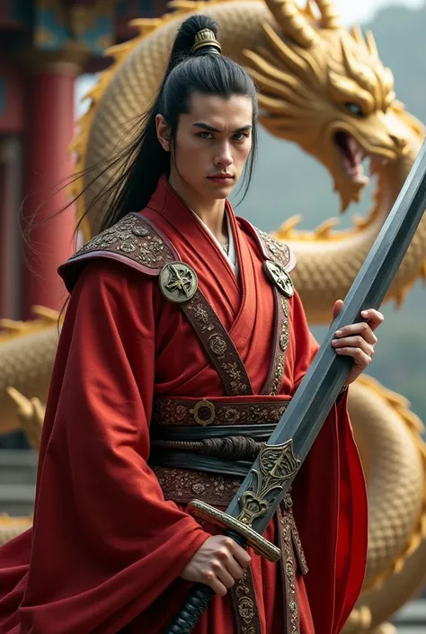  a handsome and dashing and strapping young man,  blue eyes ,  long straight hair tied up ,  ash color ,  wears spiked harness ,  lined red robe ,  holding a large long sword , unique and luxurious ,  golden dragon background , ancient temple,  add charact...