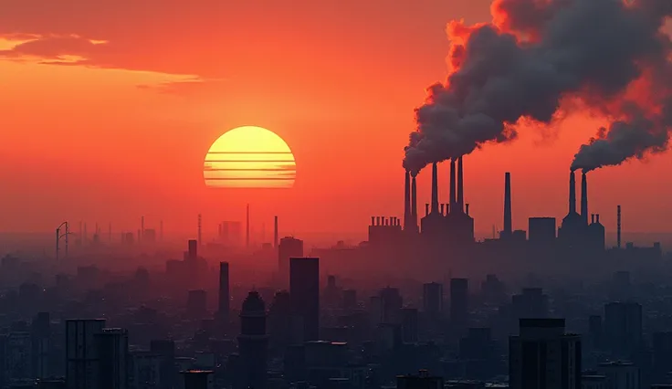 Stunning Digital Painting: Industrial Pollution at Sunset Over Cityscape