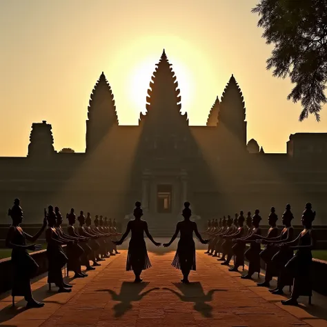 Angkor Wat Temple, Cambodia. Apsara dancers line up in front of the temple, with traditional Khmer musical instruments played by the Cambodian people, and a forest of trees in the morning with the sun setting.