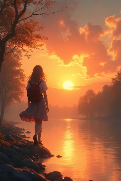  Help me make a picture ， Male schoolgirl student walking home ， Sunset ，Walking by the river bank ， Girl walking on river embankment Boy walking on road， The girl is the location of the foreground ， Both of them are backdrops ， Girls dress photo originall...