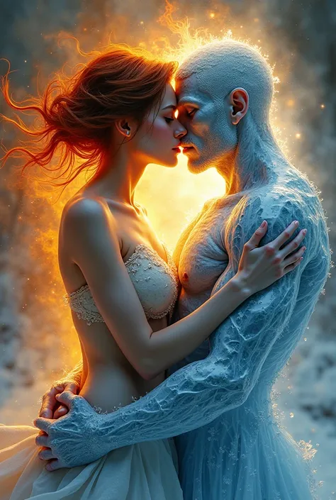 I want a drawing of a man and a woman kissing each other. The woman is of fire and has short hair and the man is of ice