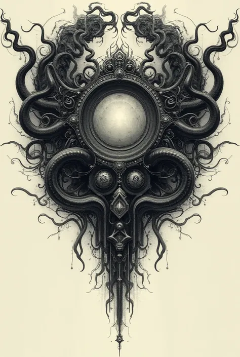 A highly detailed, symmetrical Lovecraftian-inspired design, featuring dark, twisting, and organic tentacle-like forms that create a frame around a central void. The centerpiece has a surreal, eye-like feature surrounded by intricate patterns and glyphs, e...