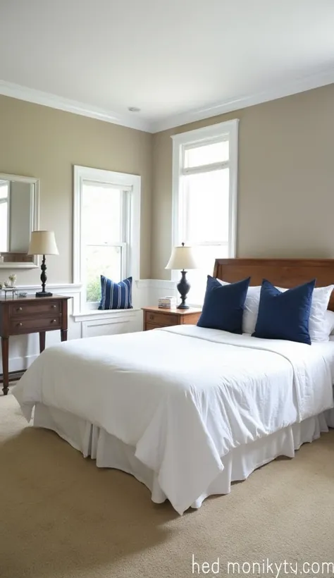 A serene master bedroom painted in a soothing taupe with white trim. A king-sized bed with a wooden headboard is dressed in crisp white linens and accented with navy blue throw pillows. Matching bedside tables with classic table lamps provide symmetry, whi...