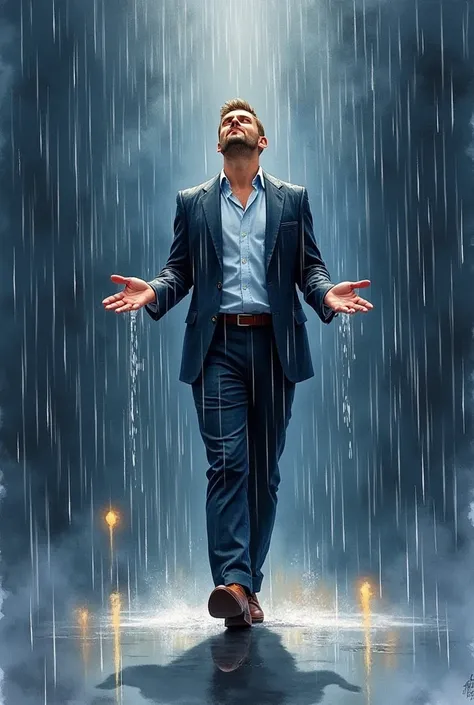 watercolor painting of a man in suit in the rain. full body shot of the man who is soaked under the rain. he tilts his head up to face the rain, the rainwater flows down his face. he is walking in the street, holding his hands out to feel the rain. waterco...