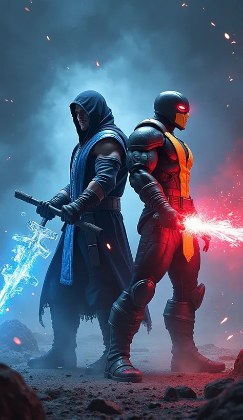 **Prompt:** "A dramatic action scene featuring Sub-Zero from Mortal Kombat and Cyclops from X-Men standing side by side in a dynamic pose. Sub-Zero wields his icy powers, forming a sharp, glowing ice spear, while Cyclops unleashes a powerful red optic blas...