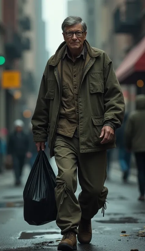 "A detailed scene featuring Bill Gates dressed in tattered, oversized, and dirty clothing, resembling a beggar. He is walking along a dimly lit urban street, holding a black trash bag in one hand. His movements are slow and smooth, as he approaches the vie...