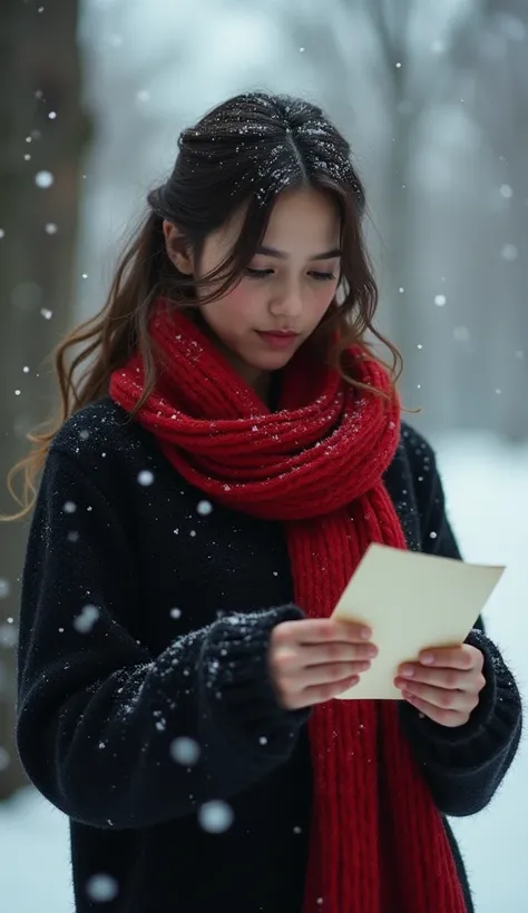 Camila wearing a black sweater and a red scarf is looking at a note she is holding in her hand in winter while snow is falling on the back.
