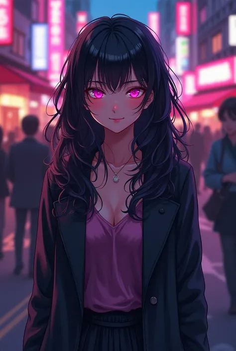 Girl, long curly black hair, pink glowing eyes, smiling seductively, normal outfit, busy street background, day, anime, illustration.