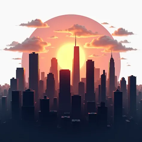 A 3D-rendered USA cityscape at dusk, featuring a dynamic layering of tall, silhouetted skyscrapers in varying shades of black and dark gray. The sky is a mesmerizing gradient of shiny peach, orange, and deep violet, with scattered clouds softly smudged in ...