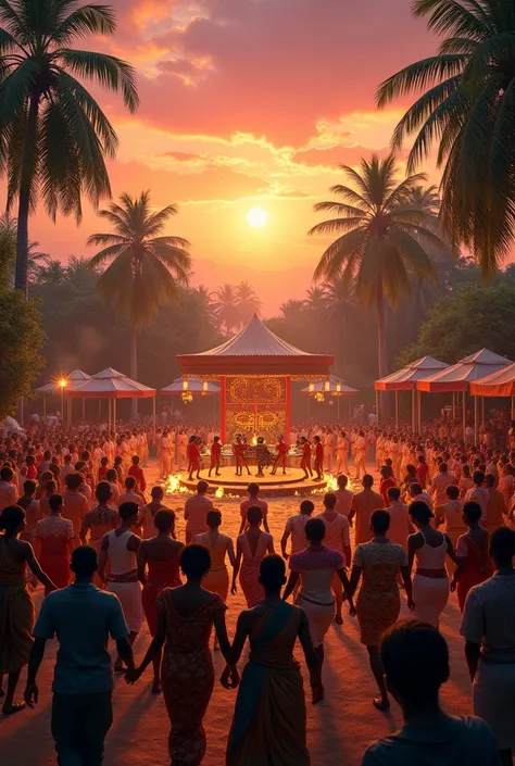 Imagine an outdoor scene with people dancing to music, in colorful clothes, around bonfires and traditional dances. Stage with African instruments, such as drums and balafons, and the sky in the background in warm tones of orange and pink, evoking a tropic...