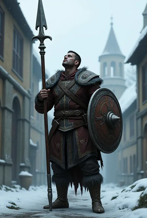  The Windselm Guard from Skyrim with a large spear looking up. Dressed as a guard with a round shield behind his back and a sword on his belt  