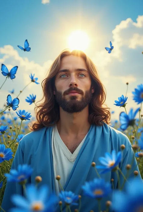 
"Generate an image focused on the face of Jesus, wearing a soft blue robe . His facial expression is humble,  with delicate features and blue eyes looking directly at the center of the screen.  The scene is set in a vibrant field of blue flowers under a c...