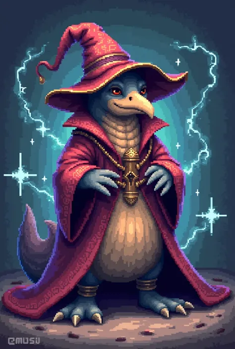 Create a detailed pixel art of a platypus wearing a wizards costume